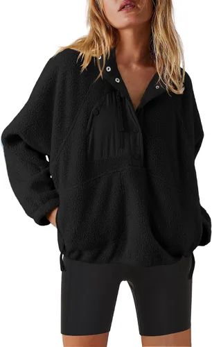 Vista 11 de Nirovien - Chaqueta de forro polar con capucha para mujer, manga larga, sherpa, sudadera mullida, abrigada, con botones y bolsillos Un rosa