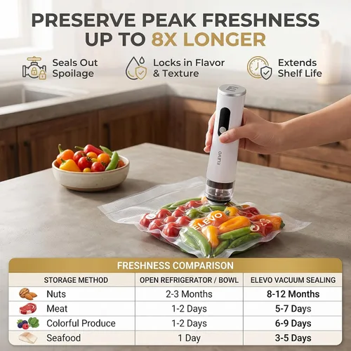 Vista 2 de ELEVO Sellador al vacío de mano para alimentos, sellador recargable de 1800 mAh (500 sellos/carga) con parada automática inteligente, 30 bolsas