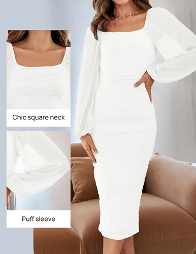Vista 3 de ZESICA Vestido midi sexy y fruncido para mujer 2024, manga larga, cuello cuadrado, espalda descubierta, cóctel, fiesta, boda