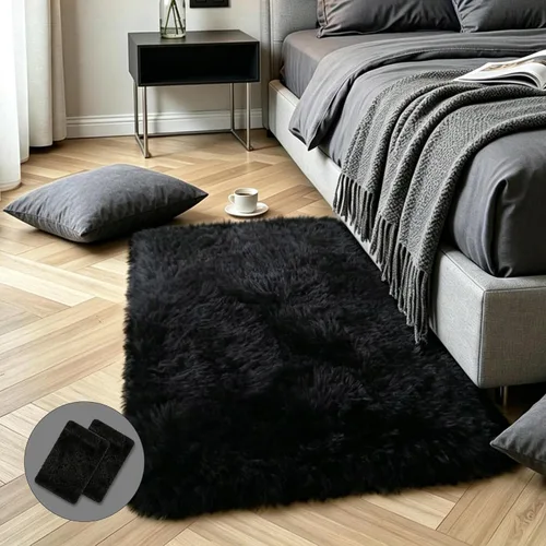 Vista 23 de KICHOWUA - Tapete grueso y esponjoso de 3 x 5 pies, color negro, ultrasuave, lavable, antideslizante, acogedor y peludo, para sala, dormitorio