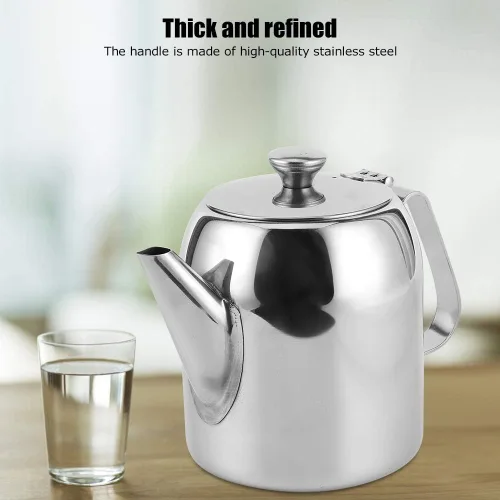 Vista 6 de Cafetera, tetera de acero inoxidable de grado alimenticio, tetera de té de boquilla corta, olla de agua redonda duradera para restaurante, hogar