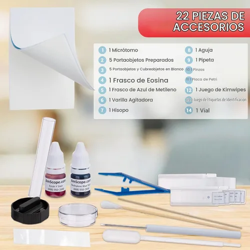 Vista 2 de Kit de preparación de portaobjetos de microscopio AmScope - Incluye diapositivas de microscopio en blanco, polvos de colorante rojo eosina y azul