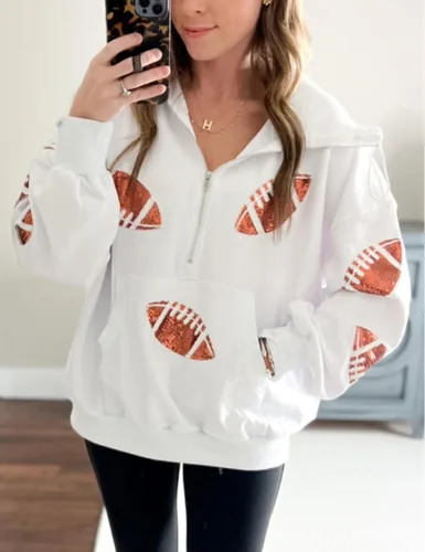 Vista 3 de SeekMe Sudaderas con capucha de lentejuelas para mujer, para el día del partido, suéteres de manga larga con cremallera y bolsillo