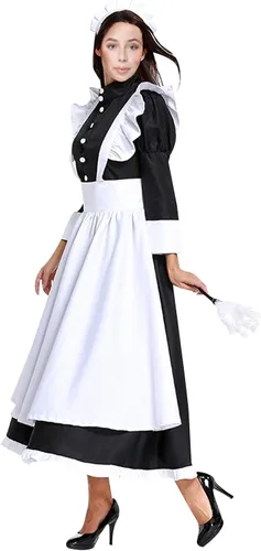 Vista 4 de Traje de sirvienta para cosplay de estilo británico, traje de ama de casa, traje francés, falda larga, vestido para adultos y mujeres