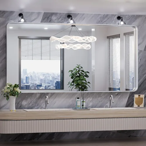 Vista 29 de TokeShimi Espejo de pared de baño de níquel cepillado de 20 x 30 pulgadas, marco de metal, esquina redonda, rectangular, para decoración del hogar