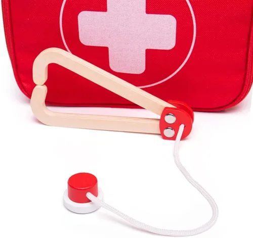 Vista 6 de Bigjigs Toys Juego de médicos para niños, juego de médicos de madera de 10 piezas con estetoscopio para niños, termómetro, medicina y más en estuche