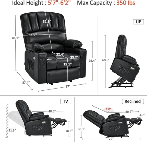 Vista 3 de MCombo Silla reclinable grande para ancianos altos, 7099 Negro