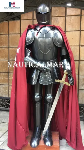 Vista 5 de NauticalMart Traje medieval de caballero negro con escudo, capa LARP