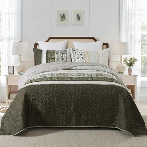 Vista 28 de NEWLAKE Juego de colchas tamaño queen, conjunto de colcha de algodón con diseño de retazos en colores azul y negro con patrones a cuadros, colcha