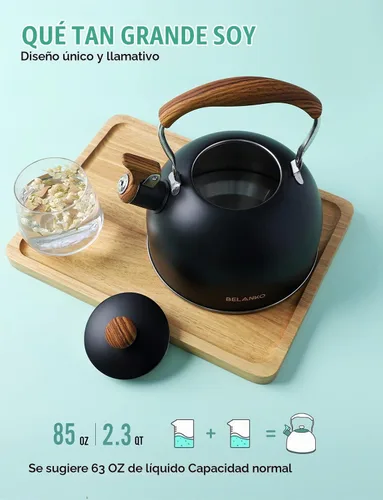 Vista 3 de Hervidor de Té, BELANKO 85 OZ / 2.5 Litros Hervidor de Té Silbante, Teteras para Estufa de Acero Inoxidable Grado Alimentario con Mango Plegable