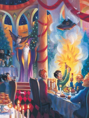 Vista 2 de New York Puzzle Company - Harry Potter Christmas at Hogwarts - Rompecabezas de 1000 piezas para noches de juego familiares por Mary GrandPré