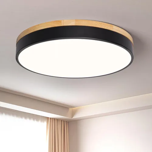 Vista 15 de Moderna lámpara de techo de madera regulable, lámpara de techo redonda negra LED empotrada, lámpara de techo minimalista para cocina, dormitorio