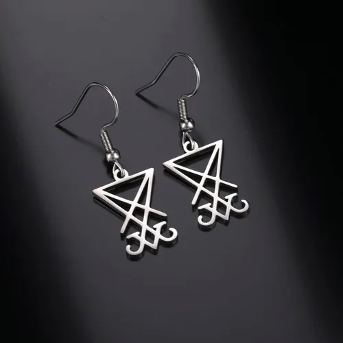 Vista 3 de Lucifer - Pendientes colgantes de acero inoxidable con símbolo satánico, aretes vintage de Leviatán, joyería de la iglesia wiccana, joyería
