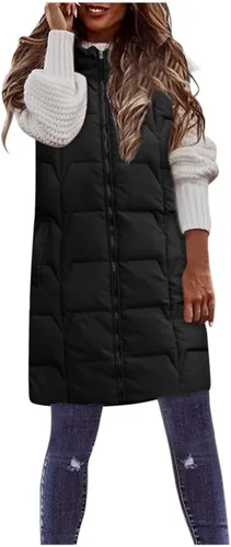 Vista 3 de Lovor Chaleco de plumón para mujer, talla grande, chaleco largo grueso, abrigo cálido, sin mangas, cremallera ligera