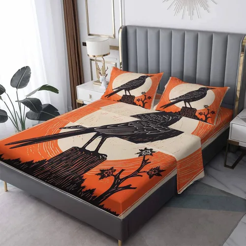 Vista 11 de Juego de sábanas de cuervo tamaño individual – Sábanas de microfibra suave con bolsillo profundo y sábanas y fundas de almohada estampadas sin