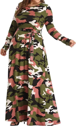 Vista 5 de Vestido largo de camuflaje de talla grande para mujer, vestidos largos estampados de manga larga