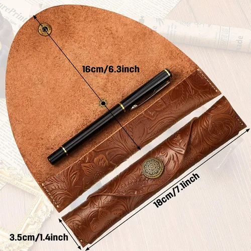 Vista 2 de Zonon 2 piezas vintage hechas a mano de cuero para bolígrafos tallados en rollo de cuero para la escuela, oficina en casa, marrón y negro