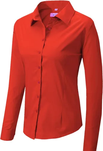 Vista 17 de Blusa de trabajo con botones para mujer, de algodón elástico, manga larga, ajuste delgado
