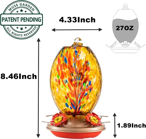 Vista 6 de Muse Garden Comedero de vidrio para colibríes para exteriores, comedero de colibríes de vidrio soplado de 27 onzas, regalo único para mamá, mujeres