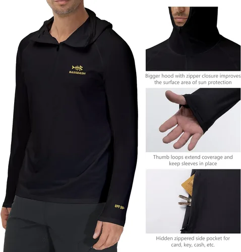 Vista 4 de BASSDASH Sudadera con capucha de pesca con cremallera UPF 50+ 14 para hombre, secado rápido, manga larga, protección solar FS24M