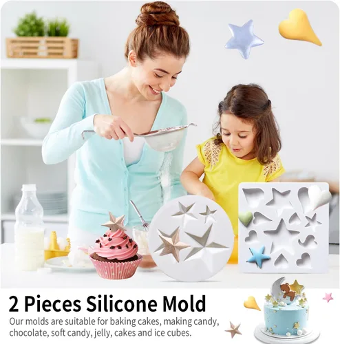 Vista 5 de KALAIEN 2 moldes de silicona con forma de corazón 3D con forma de corazón, pasta de goma de mascar para chocolate, decoración de galletas, pasteles
