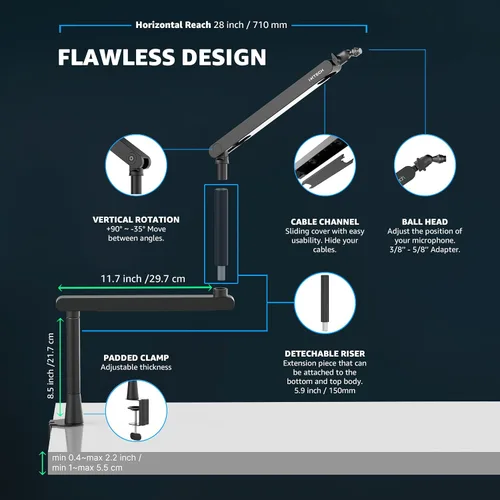 Vista 6 de IXTECH Brazo de Micrófono para Escritorio, Brazo de Micrófono Giratorio de 360° de Bajo Perfil, Brazo de Micrófono Ajustable con Columna Desmontable