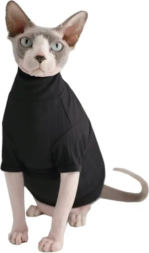 Vista 5 de Sphynx - Camisa de algodón para gatos sin pelo, cuello alto, camisetas de gatito con mangas, pijama de gato para Sphynx Cornish Rex, Devon Rex, Negro