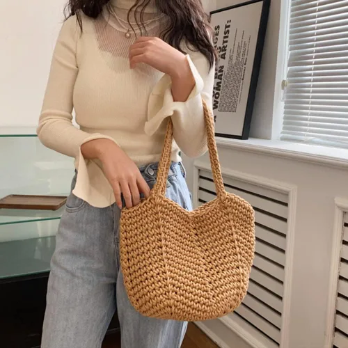 Vista 4 de ZMWL Bolsa de paja tejida para la playa para mujeres y niñas, bolso bohemio de verano, bolso cruzado de vacaciones, bolsa de ratán, bolsa de viaje