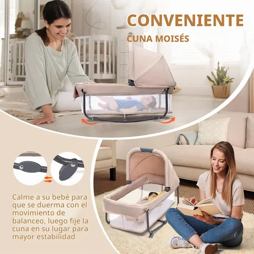 Vista 4 de JOYMOR Moisés doble para bebé, moisés de cabecera beige, convertible a moisés de cabecera y corralito, con ruedas, freno, moisés lateral plegable