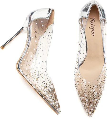 Vista 3 de Naiyee Tacón de aguja alto para mujer, zapatos de tacón de aguja de PVC, diamantes de imitación de cristal de 3.937in, tacones transparentes