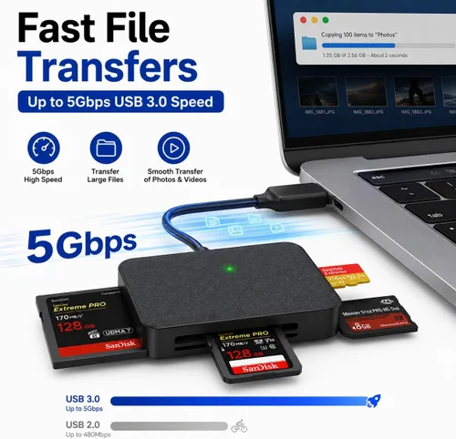 Vista 5 de Acuvar - Lector de tarjetas de memoria, adaptador de lector de tarjetas Acuvar 4 en 1 USB USB-C a SD Micro SD MS CF compatible con iPhone 15