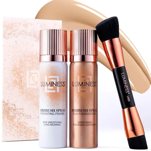 Vista 22 de LUMINESS Silk Airbrush Spray Foundation Kit de 3 piezas – base, prebase y brocha de maquillaje en ángulo de doble cara – Cobertura modulable