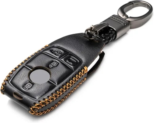Vista 2 de Funda de llave inteligente de cuero genuino con correa de llave de cuero compatible para Mercedes-Benz A, C, E, S, CLA, CLS, GLA, GLB, GLC, GLE