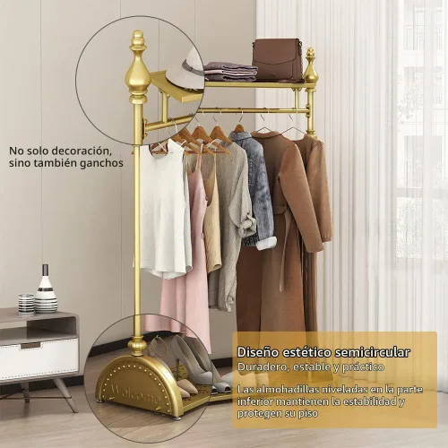 Vista 2 de Perchero de ropa dorado, perchero industrial para colgar ropa con estantes dobles independiente, multifuncional, resistente, perchero de metal móvil