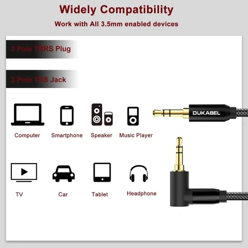 Vista 2 de DUKABEL Cable de Audio Auxiliar de 3,5 mm a 3,5 mm, 1,1 m/3,6 pies, Cable de Audio de Ángulo Derecho, Cable AUX Macho a Macho para Auriculares