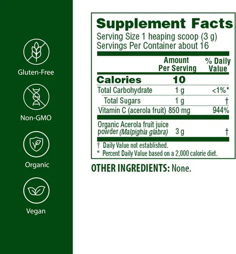 Vista 2 de Flora Polvo de acerola, vitamina C y antioxidantes, suplemento de apoyo inmunológico, orgánico, sin OMG y vegano, botella de vidrio de 1.7 onzas