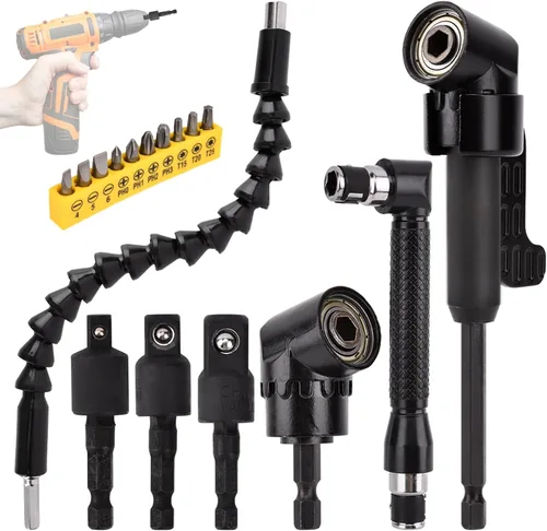 Vista 2 de 17 extensiones de broca flexible, con 3 adaptadores de enchufe giratorios, 2 accesorios de taladro hexagonal de 105° en ángulo recto, 10 puntas