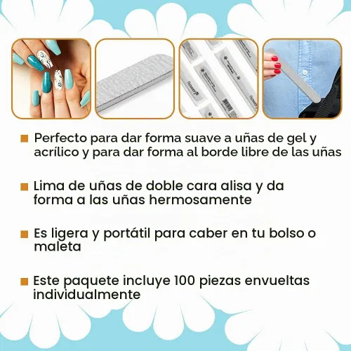 Vista 5 de Flowery Lima de uñas desechable con núcleo de grano 100/180, plateado, paquete de 100