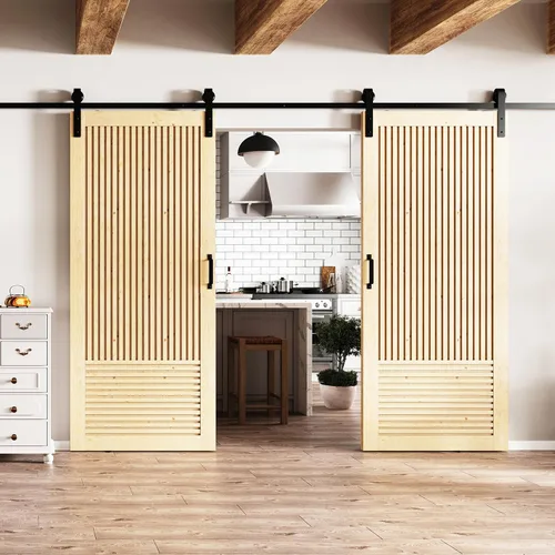 Vista 13 de BARNER HOME Puerta de granero de madera de pino de 30 x 84 pulgadas, puerta corredera decorativa de 1 lite, con kit de herramientas incluido Puerta