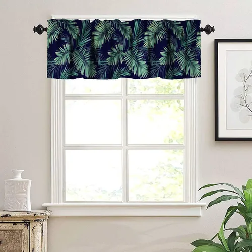 Vista 3 de Cortina de cenefa de hojas verdes tropicales, diseño de hojas de palmera, cenefa con bolsillo para barra, 1 panel, cortinas cortas para cocina