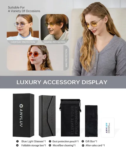 Vista 7 de ANYLUV Rectangle Blue Light Glasses, Classic Business Style Computer Glasses, Lightweight Metal Eyeglasses for Anti Eyestrain