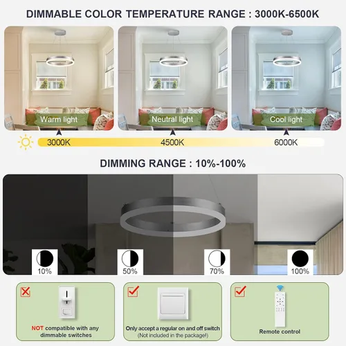 Vista 49 de Benkut Lámpara de Araña de Anillo LED Moderna Negra para Comedor, Lámpara de Araña de Techo Circular Empotrada Regulable con Control Remoto