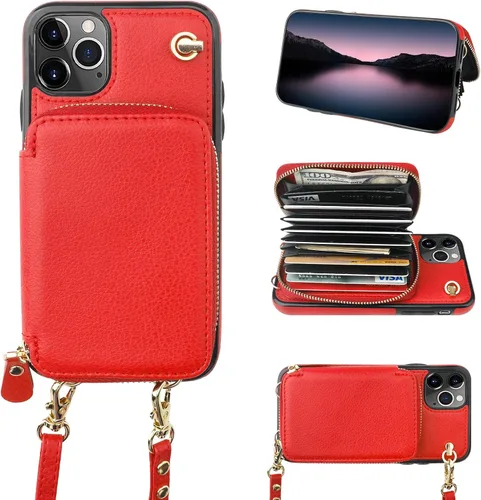 Vista 9 de Bocasal Funda tipo cartera cruzada para iPhone 11 Pro Max, funda de piel con bloqueo RFID y soporte para tarjetas, funda protectora con cremallera