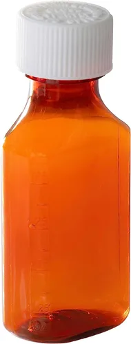 Vista 4 de Botellas líquidas de plástico ámbar para medicina con tapas resistentes a los niños, paquete de 5 botellas dispensadoras ovaladas farmacéuticas