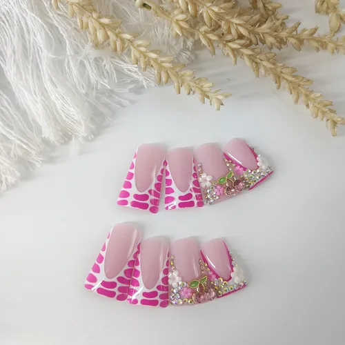 Vista 5 de 24 uñas de pato a presión con diamantes de imitación francesas, uñas postizas estilo pies de pato, uñas postizas de primavera y verano con diseños