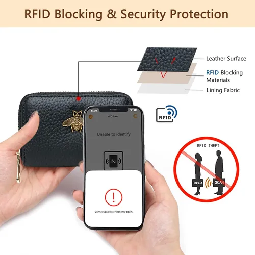 Vista 3 de imeetu Soporte para tarjetas de crédito RFID, cartera pequeña de cuero con cremallera para mujer
