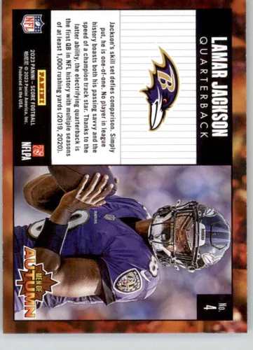 Vista 2 de 2023 Score Men of Autumn #4 Lamar Jackson Baltimore Ravens Official Panini NFL Football Trading Card (Stock Photo shown, Near Mint to Mint Condition)