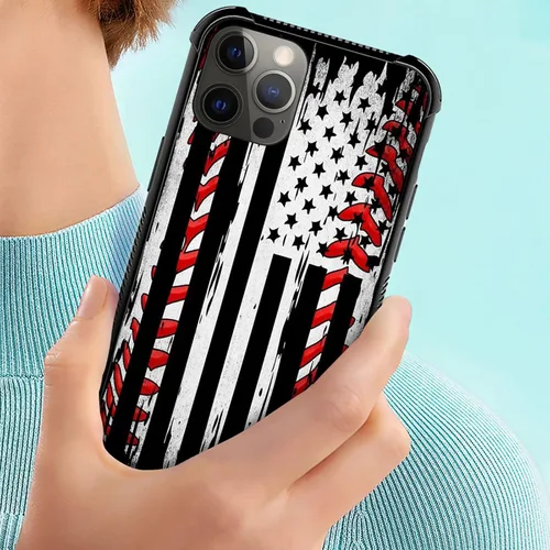Vista 6 de Compatible con iPhone 12 Mini Funda, Bandera Americana de Béisbol TPU Suave Parachoques Resistente a Golpes Cubierta Trasera de Vidrio Templado