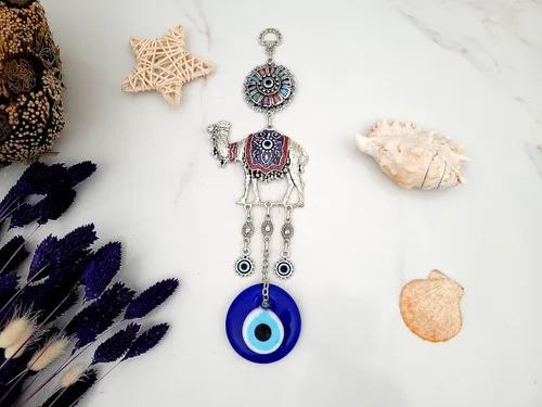 Vista 6 de Abalorio de cristal azul con protección contra el mal de ojo, color camello, cuentas turcas de nazar, adorno colgante de pared de color camel contra