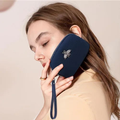 Vista 4 de imeetu Monedero de cuero para mujer, cartera pequeña con 2 bolsillos con cremallera